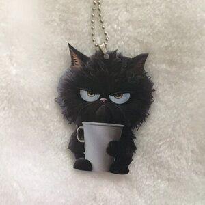 Black Cat with Coffee Keychain